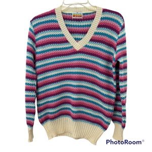 Vintage Wrangler Open Knit Sweater Pink Multicolor Stripe USA Made Junior's XL